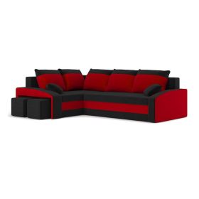   GRANDE kinyitható sarokkanapé 2 db puffal, PRO szövet, bonell rugóval, balos, bal oldali puff tároló, szín - fekete / piros