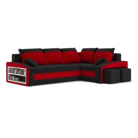  GRANDE kinyitható sarokkanapé polccal és 2 db puffal, normál szövet, hab töltőanyag, jobbos, bal oldali polc, jobb oldali puff tároló, fekete / piros