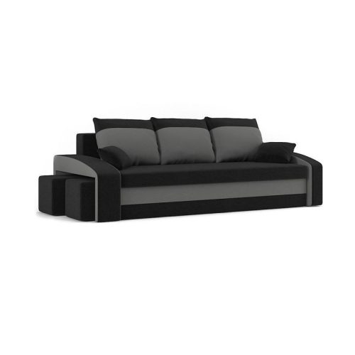 HEWLET kanapéágy 2 db puffal, normál szövet, hab töltőanyag, bal oldali puff tároló, fekete / szürke