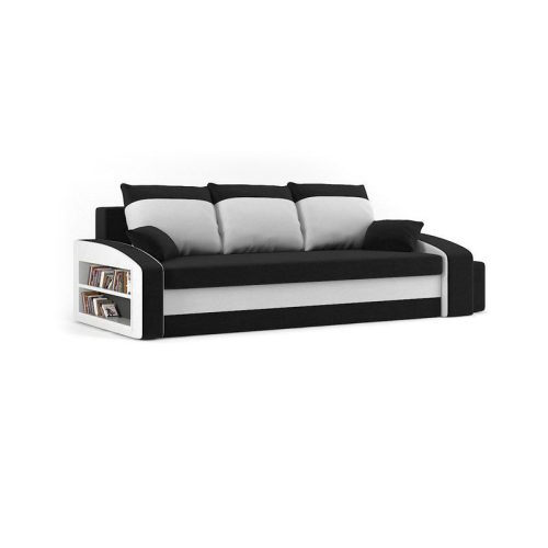 HEWLET kanapéágy polccal és 2 db puffal, normál szövet, hab töltőanyag, bal oldali polc, jobb oldali puff tároló, fekete / fehér