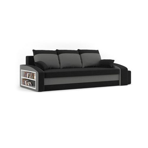 HEWLET kanapéágy polccal és 2 db puffal, normál szövet, hab töltőanyag, bal oldali polc, jobb oldali puff tároló, fekete / szürke