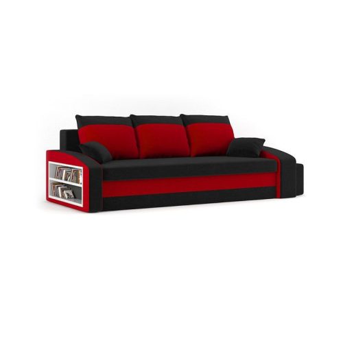 HEWLET kanapéágy polccal és 2 db puffal, PRO szövet, bonell rugóval, bal oldali polc, jobb oldali puff tároló, fekete / piros