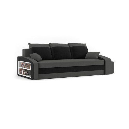 HEWLET kanapéágy polccal és 2 db puffal, PRO szövet, bonell rugóval, bal oldali polc, jobb oldali puff tároló, szürke / fekete