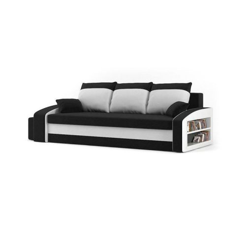 HEWLET kanapéágy polccal és 2 db puffal, PRO szövet, bonell rugóval, jobb oldali polc, bal oldali puff tároló, fekete / fehér