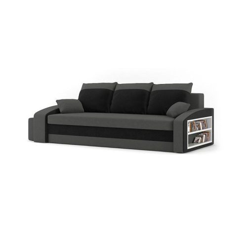 HEWLET kanapéágy polccal és 2 db puffal, PRO szövet, bonell rugóval, jobb oldali polc, bal oldali puff tároló, szürke / fekete