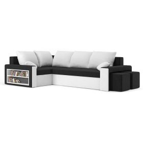   METRO kinyitható sarokkanapé polccal és 2 db puffal, normál szövet, hab töltőanyag, balos, bal oldali polc, jobb oldali puff tároló, fekete / fehér