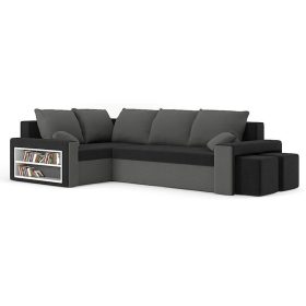   METRO kinyitható sarokkanapé polccal és 2 db puffal, normál szövet, hab töltőanyag, balos, bal oldali polc, jobb oldali puff tároló, fekete / szürke