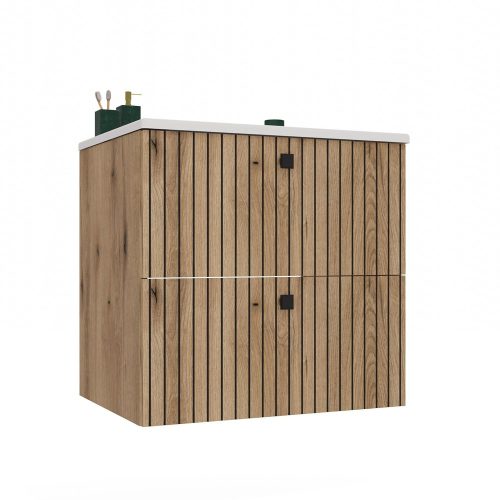 Aldabra Tigo 60 2S mosdó alatti szekrény, 2 fiók, bordázott front + mosdó, tölgy (mosdókagyló nélkül)